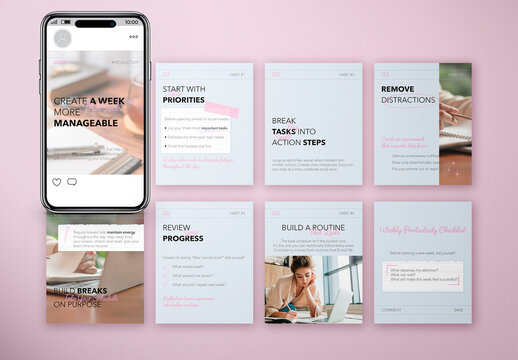 Instagram Carousel Template Productivity Planner PSDT Vertical Editable Social Media Post Set