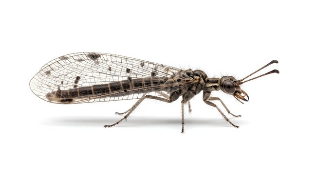 Macro photograph of a lacewing insect isolated on white background.