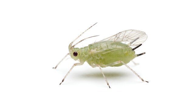 Macro photograph of a green aphid isolated on a white background.