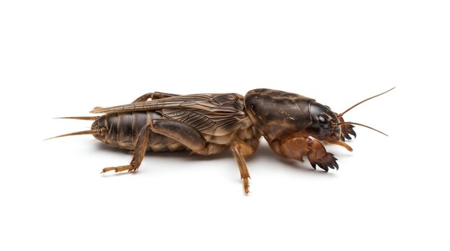 A close up side view of a mole cricket on a white background.