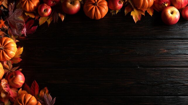 Autumn harvest frame with pumpkins and apples on wood