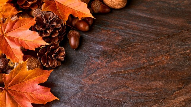 Autumn maple leaves pine cones acorns on stone