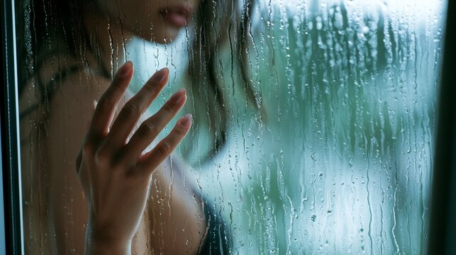 Woman's hand touching rainy window glass feeling melancholy