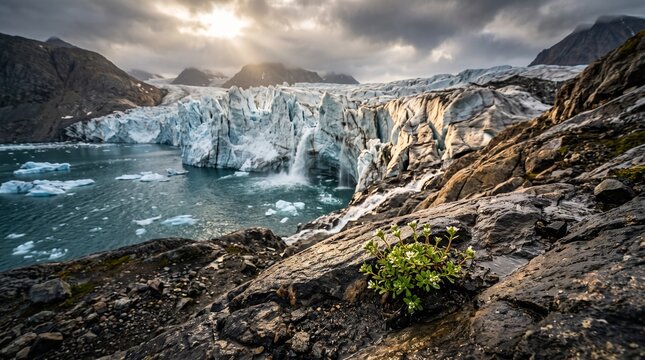 Arctic landscape with glacier and wildflowers in Svalbard