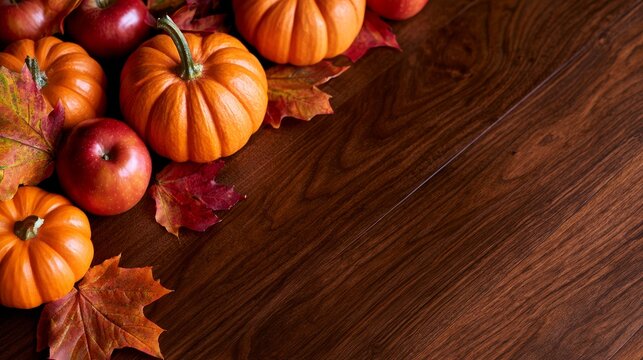 Pumpkins, apples, and autumn leaves on wood background