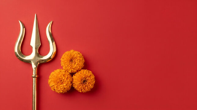 Golden trident Trishul with symmetrical orange marigold flowers on plain red background. Hinduism decor concept. For Navratri, Durga Puja celebration. Flat lay for banner, card with copy space
