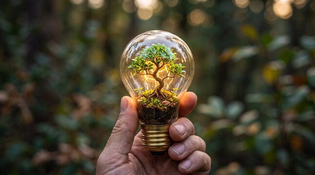 Hand holding a light bulb with a small growing tree inside