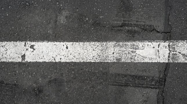 Gritty Texture of an Old White Line on Cracked Asphalt Pavement