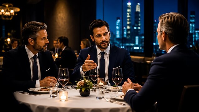 Business professionals enjoying a formal dinner meeting in a modern restaurant setting