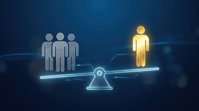 Glowing human icons on a balance scale representing equality, leadership, teamwork and individual value, abstract social concept illustration