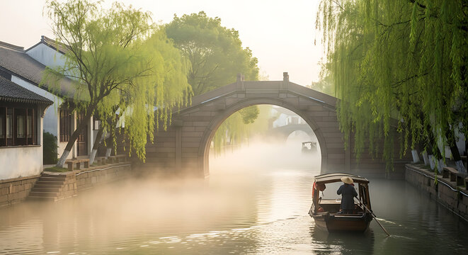 Boat passing under misty bridge in canal - A serene scene of a small boat gliding under a misty arched bridge along a calm, picturesque canal lined with trees.