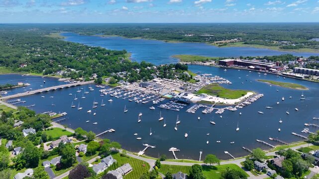 Barrington Yacht Club aerial view at Tyler Point in town of Barrington, Rhode Island RI, USA. Tyler Point located at the mouth of Palmer River into Barrington River. 
