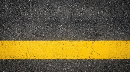 Fototapeta premium Solid yellow line painted across dark textured asphalt road surface