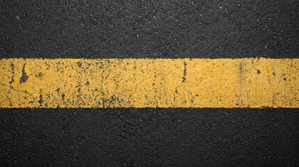 Fototapeta premium Weathered yellow line painted on dark textured asphalt pavement
