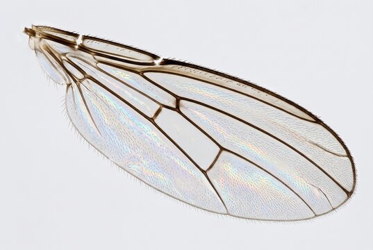 Extreme close up of transparent fly wing venation on white