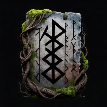Ancient Rune Stone with Roots and Moss Norse Symbolism