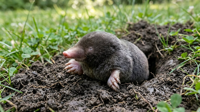 A small mole emerges from its burrow in the green grass.