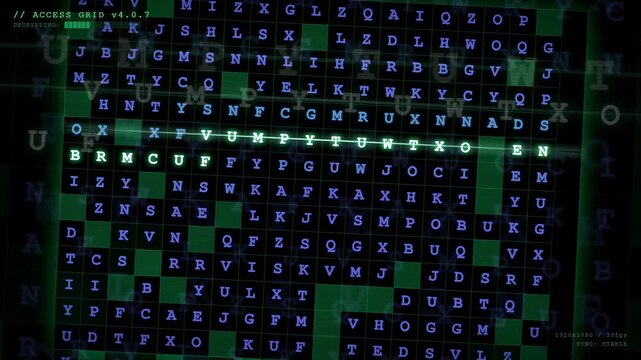 Digital decryption process with scrolling alphanumeric characters on a dark green futuristic computer screen