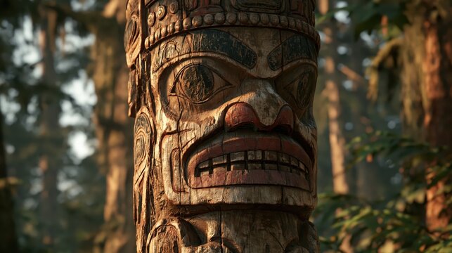 Ancient carved wooden totem pole with fierce face in sunlit forest setting evoking heritage and mystery