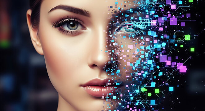 Woman with colorful digital face art - Close-up portrait of a woman featuring vibrant digital art patterns blending into her skin, creating a futuristic and artistic effect.
