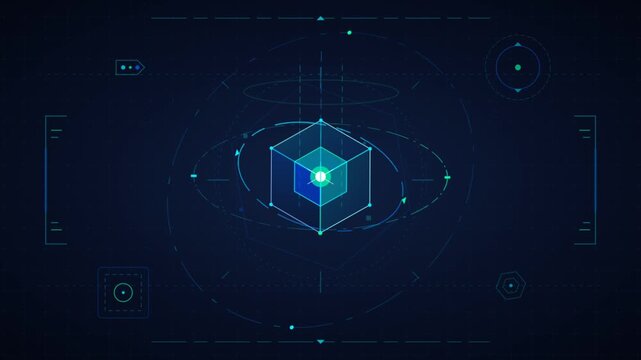 Futuristic HUD interface with glowing rotating cube hologram in cyberspace