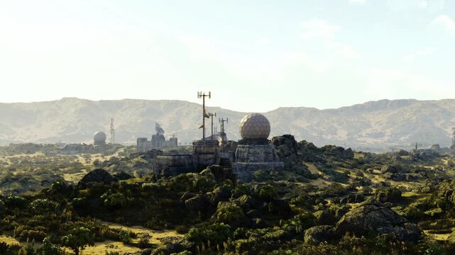 Distant observatory dome atop green ridge, compound includes domed telescope and small tower masts with flag, sprawling valley and morning glow, research