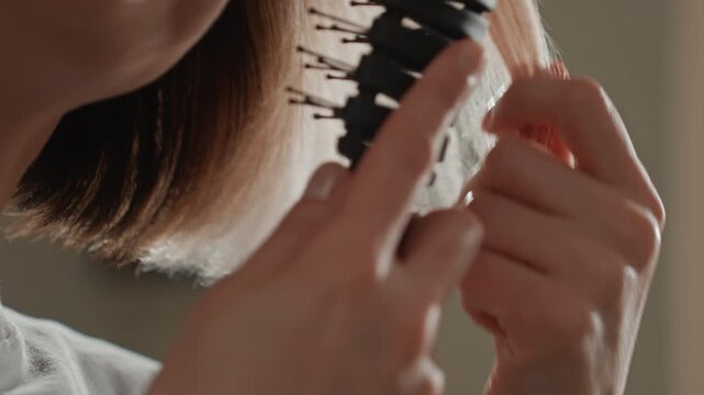 Closeup smiling woman styling hair confidently, bright soft light, near mirror framing, short blonde bob movement, fingers smoothing ends, subtle smile, upbeat tempo suggestion, neat neckline, cozy