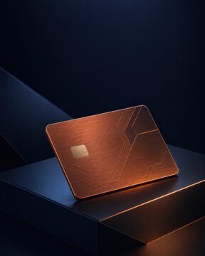 A bronze metallic credit card with engraved geometric circuit patterns resting on a dark black surface with warm orange ambient lighting