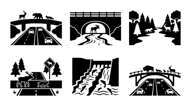 Wildlife Crossing Icons: Forest, River, Bridge, Waterfall, Road Safety Set