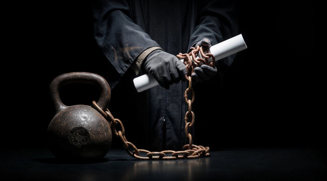 Person hands holding rolled document with attached heavy steel chain with massive iron weight. Loan debt, onerous contract, debentures concept. Conceptual illustration for poster