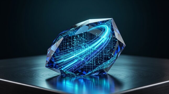 Glowing blue crystal gem containing complex digital circuitry and streaming light data particles, representing high-value information, secure storage, and advanced computing power in a sleek design.