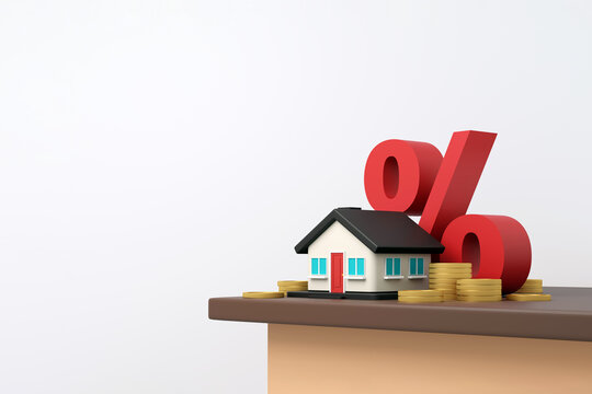 Home Mortgage and Interest Rate Concept with House, Coins and Percentage Symbol