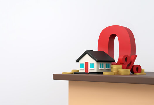 Home Loan and Mortgage Interest Rate Concept with House, Coins and Percentage Symbol