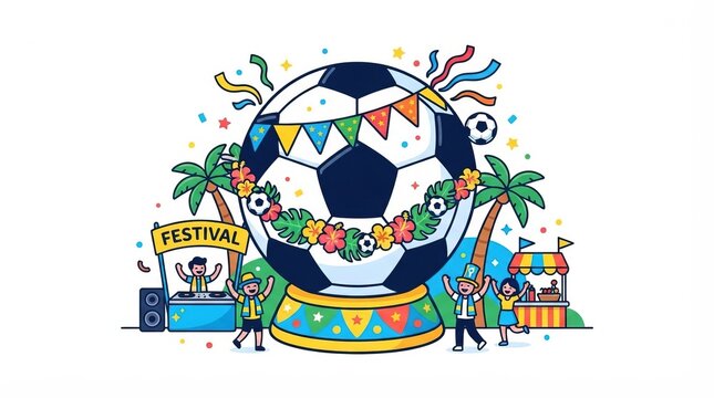 Joyful Soccer Festival with Giant Ball, Palm Trees, and Cheering Fans
