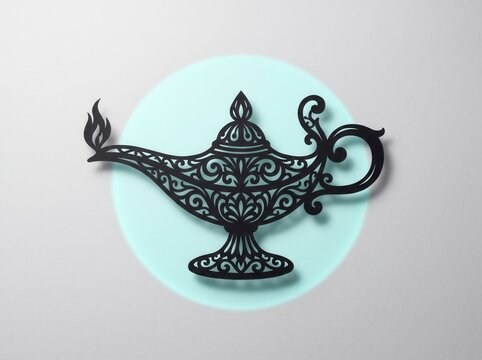 Decorative ornamental magic genie lamp silhouette on circular light blue