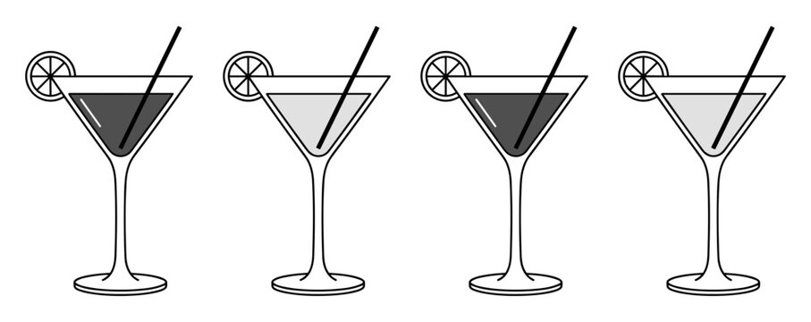 Four Martini Glasses: A simple graphic illustration of four martini glasses, each with a straw and lemon wedge garnish, displaying varying shades of liquid.