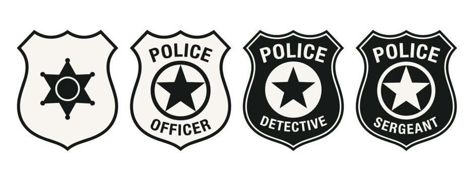 Law Enforcement Badges Collection: A graphic collection showcasing four distinct law enforcement badges, representing different ranks and roles within police forces.
