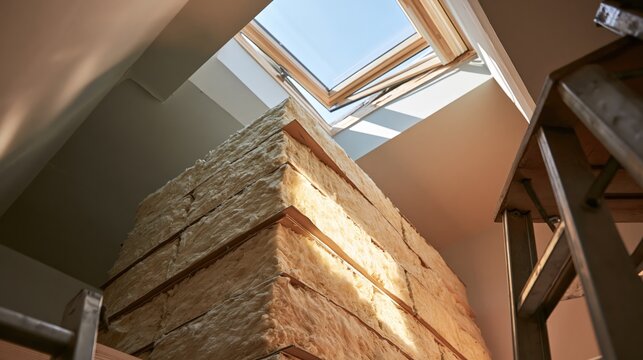Low angle looking up at an open loft hatch where fresh insulation has just been laid