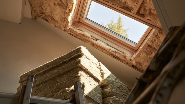 Low angle looking up at an open loft hatch where fresh insulation has just been laid