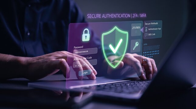 Secure authentication login screen with two factor verification shield icon, cybersecurity protection concept for digital identity safety and password access control.