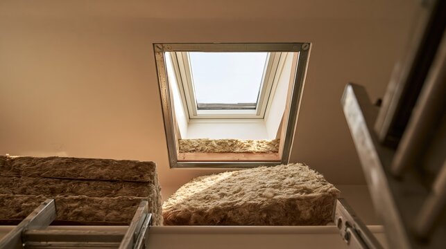 Low angle looking up at an open loft hatch where fresh insulation has just been laid