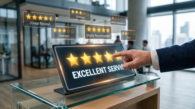 Hand selecting five star excellent service review on tablet screen, showing highly recommended rating for business quality assessment and client satisfaction feedback system