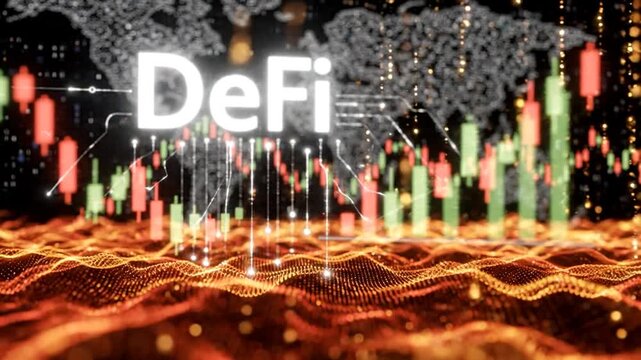 DeFi Decentralized Finance Stock Market Candlestick Chart and Blockchain Technology Concept on Digital World Map Background