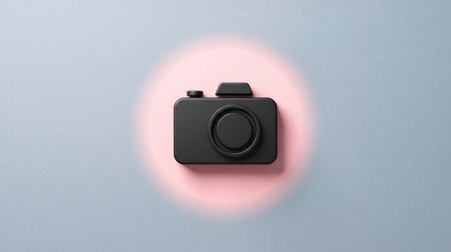 Minimalist black digital camera silhouette on soft pink circular background