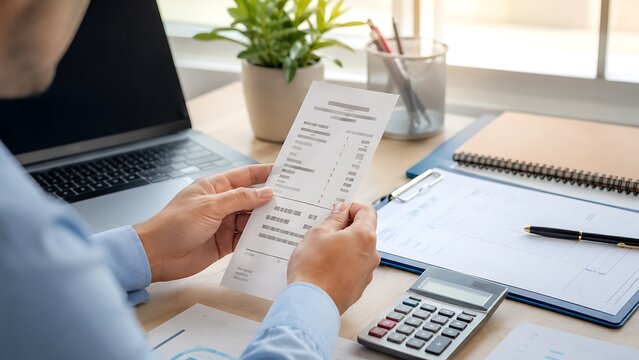 Businessman checking payment receipt paper document with calculator and laptop on office desk for financial accounting audit and budget balance management
