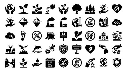 Fototapeta premium Environment protection, climate change, and ecology solid icon set. Includes symbols for earth, plants, forest, and pollution for global sustainability and conservation efforts.