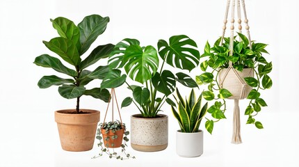 Fototapeta premium Various indoor houseplants including Monstera, Fiddle Leaf Fig, and Snake Plant in decorative pots isolated on white background.
