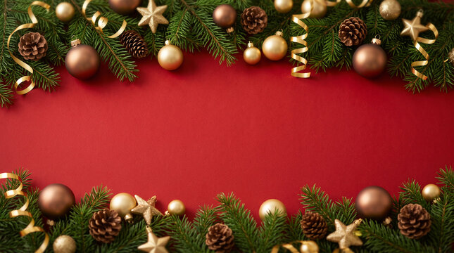 Christmas pine border top and bottom over vibrant red background perfect for holiday greeting and professional seasonal post