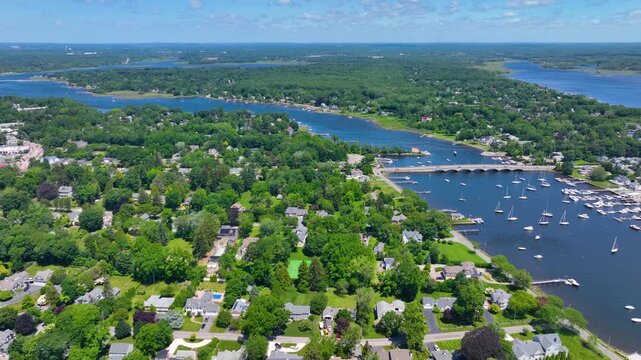 Barrington Yacht Club aerial view at Tyler Point in town of Barrington, Rhode Island RI, USA. Tyler Point located at the mouth of Palmer River into Barrington River. 