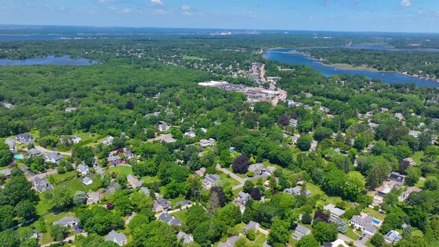 Barrington Yacht Club aerial view at Tyler Point in town of Barrington, Rhode Island RI, USA. Tyler Point located at the mouth of Palmer River into Barrington River. 
